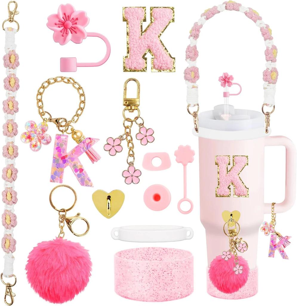 12PCS Cup Accessories for Stanley Cup,Straw Cover Cap 30oz 40oz Water Bottle Handle Strap,Boot,Chains,Personalized Sticker