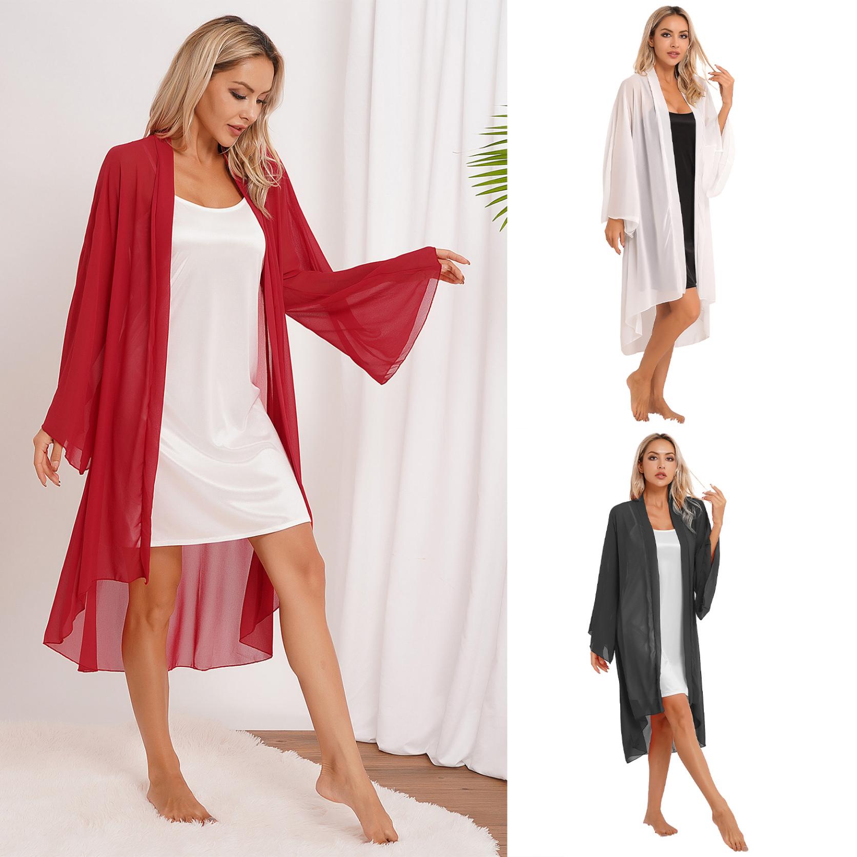 

Шифоновый кардиган, повседневный однотонный, с открытой передней частью, расклешенный накидка с длинными рукавами, пляжная одежда для отпуска, женская длинная шаль, накидки