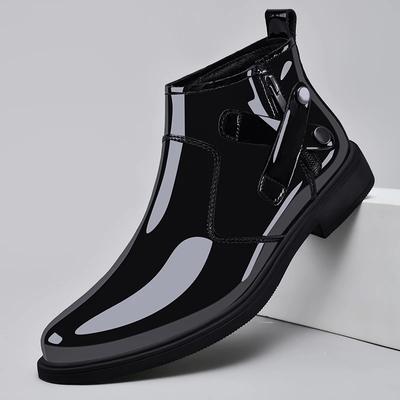 Winter Plush Ankle Boot Business Mirror Leather Chelsea Men's Boots Genuine Leather Wedding High Top Leather Shoes Cowboy Boots