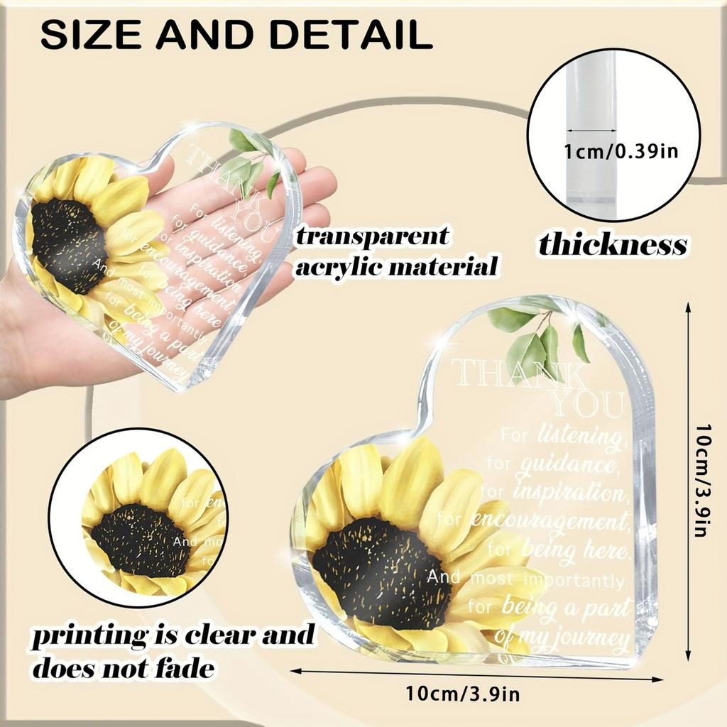 Vintage Acrylic Sign, 1pc Heart-Shaped Acrylic Sunflower Wall Art - 'Thank You for Listening, Guidance, Inspiration, Encouragement 
