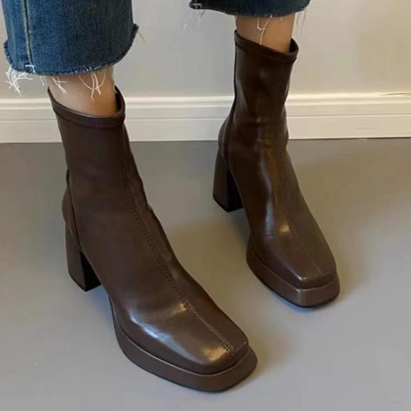 Rindslederversion~ Schwarze kurze Stiefel, Reißverschluss hinten, dicker Absatz erhöht, dünne Damen kleine dünne Stiefel erhöht