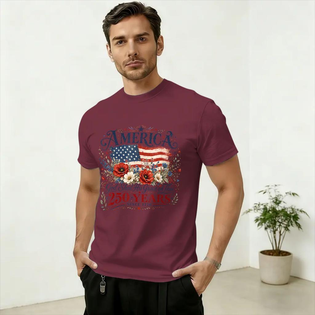 USA 250th Years America Floral Birthday Patriotic 4th of July TShirts for Unisex Vintage Cotton Crew Neck Short Sleeve Plus Size