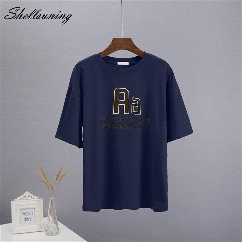 Bavlněná trička Shellsuning Oversized Dámské Léto S krátkým rukávem Trička s 3D potiskem dopisů Dámské Běžné Volné High Street Basic Tops