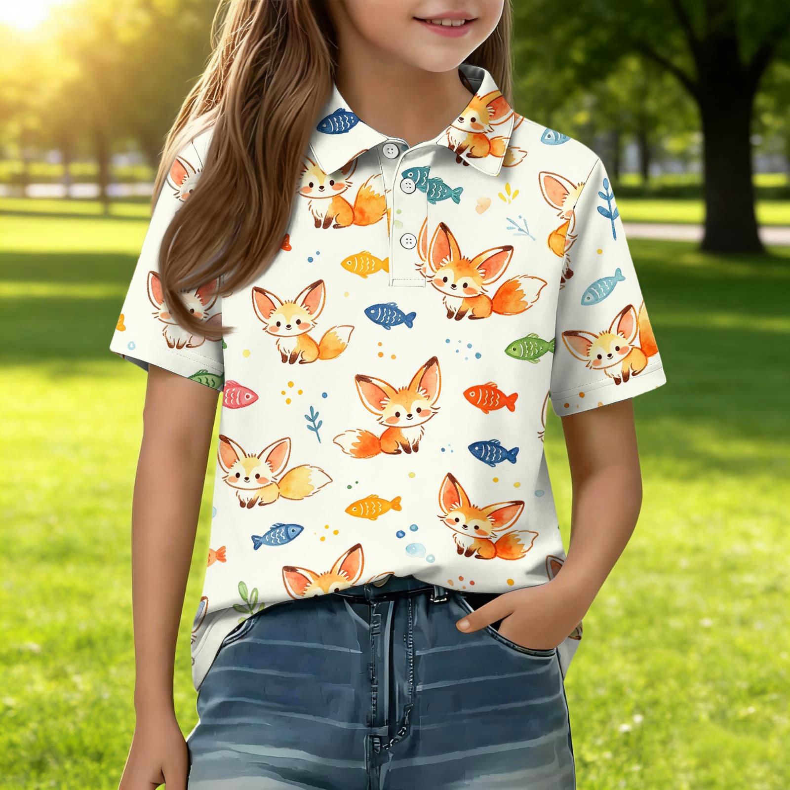 

Kids Short Sleeve Polo Shirt Animal Print Casual Tee Button Down Collar Lightweight Soft Fabric Comfortable Fit Summer Wear 120 бежевый