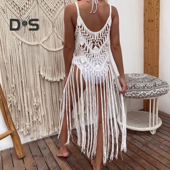 Beach Cover Up Women Sling Sleeveless Loose Fit Cutout Bikini Cover-up Dress Solid Color Sun Protection Beach Wear