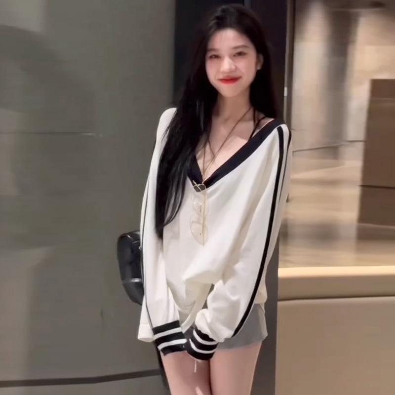 

Женский повседневный приталенный свитшот с V-образным вырезом и длинными рукавами - Осень/Зима Корейский стиль S белый