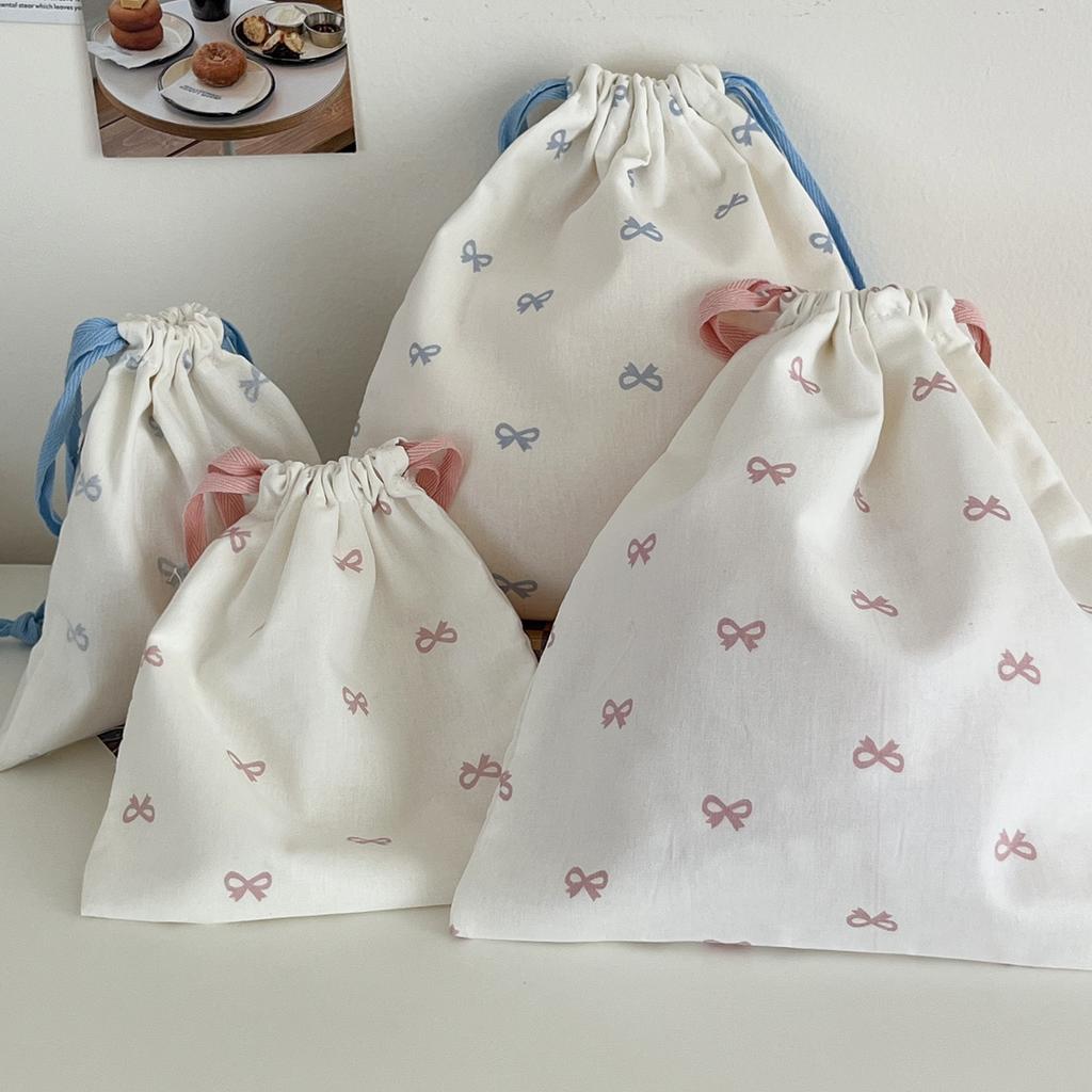 Sweet Bow Print Women's Storage Bag Cute College Girls Canvas Drawstring Bags Simple Female Portable Travel Makeup Case Handbags