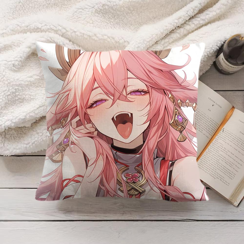 Yae Miko Genshin Impact Cushion Cover Silky Short Plush Invisible Zipper Dustproof Sofa Pillow Case For Home Decor