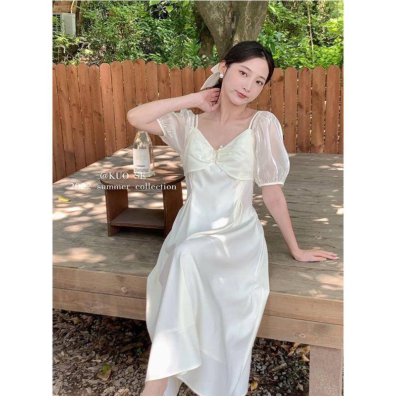 

Mesh Patchwork Stunning Dress Women s Summer Korean Style Ins French style Chubby Super Spicy High-Grade Light Luxury Chic Gentle White L