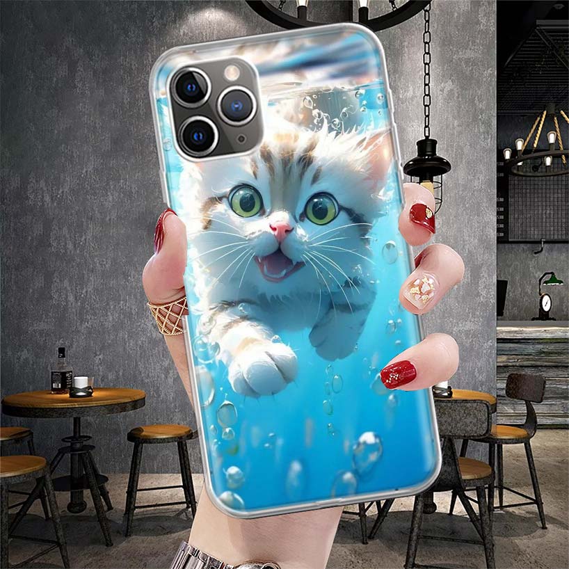 Cartoon Cute Cat Fish Aesthetic Soft Phone Case For IPhone 11 17 Air 16E 16 Pro Max 15 + 14 Plus 13 Mini 12 Apple 7 SE 8 Fundas