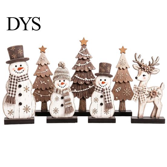Holiday Wood Ornaments 7Pcs Christmas Snowman Tree Reindeer Figurines, 2D Wooden Tiered Tray Easy Storage Crafts Decor, Rustic Farmhouse Tabletop