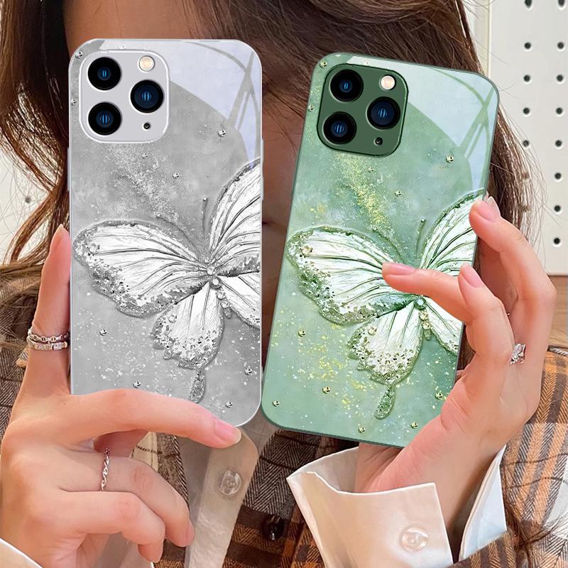 Fluture Curcubeu Verde Pentru IPhone 16 Pro Max 15 Pro 14 13 12 Mini 11 XS Max XR 7 8 Plus SE 2022 Carcasă Telefon din Sticlă Călită