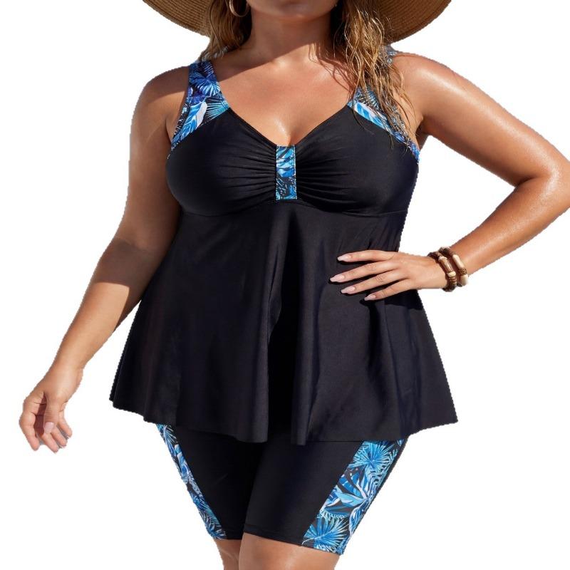 Women S Plus Size Printed Split Tankini Swimsuit Black Leaf Pattern