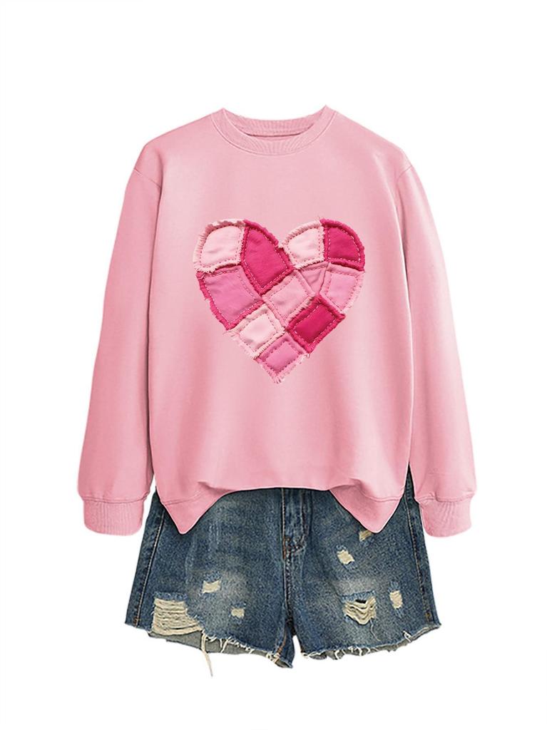 Pink Heart Flocking Women's Casual Round Neck Long Sleeve Hoodie