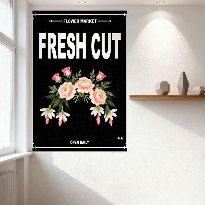 FLOWER MARKET Fresh Cut Flowers Metal Tin Sign Vintage Black White Poster with Pink Peonies Illustration Open Daily for Home Wal