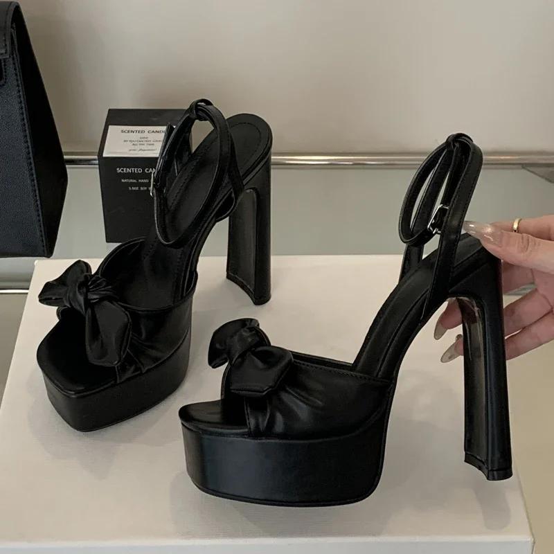 Fashion Eilyken Summer Butterfly-knot Square Toe Platform Woman Sandals Street Style High Heels Buckle Strap Banquet Shoes