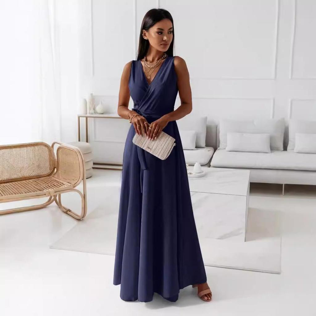 2026 Women's Lace-up V-neck Long Evening Gown - European & American Style