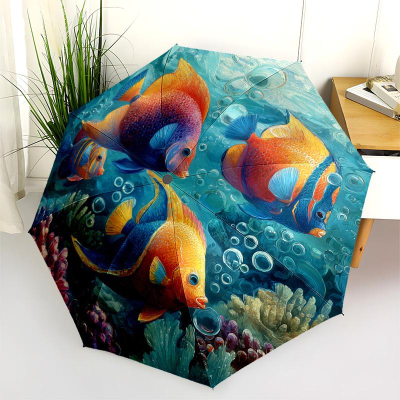 Sea Fish  pattern, automatic folding umbrella, portable and foldable design, 8 ribs, a Christmas or birthday gift.