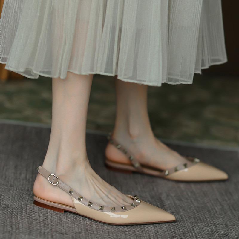 Spring and summer rivet tip one-word buckle flat shoes bag head flat heel leather willow shoes cool slippers women's outer wear
