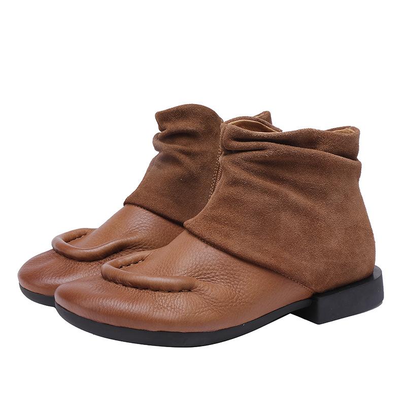 Johnature Botas de otoño/invierno, botas cortas de piel auténtica, zapatos retro de suela blanda y cómodos para mujer