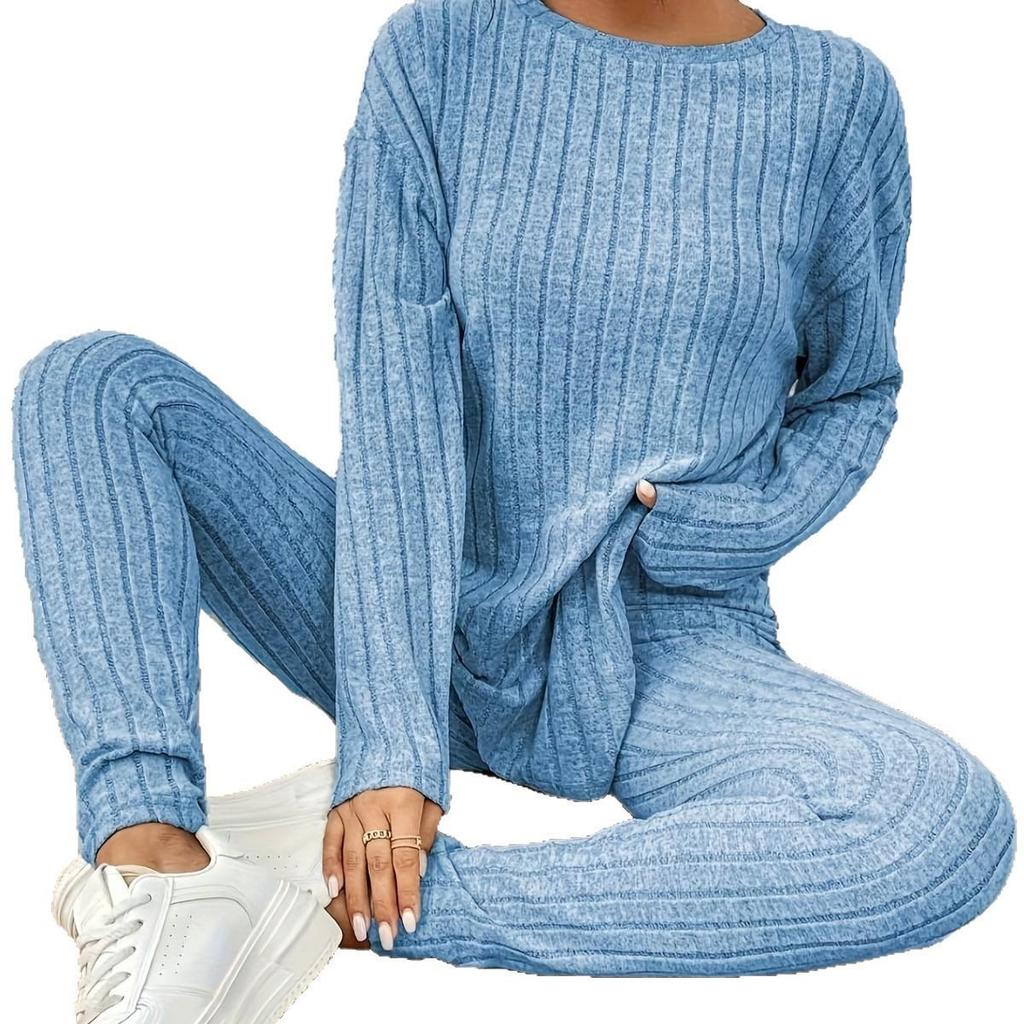 2025 Autumn Women's Casual European & American Knit Suit Set - Loose, Round Neck, Ribbed Design