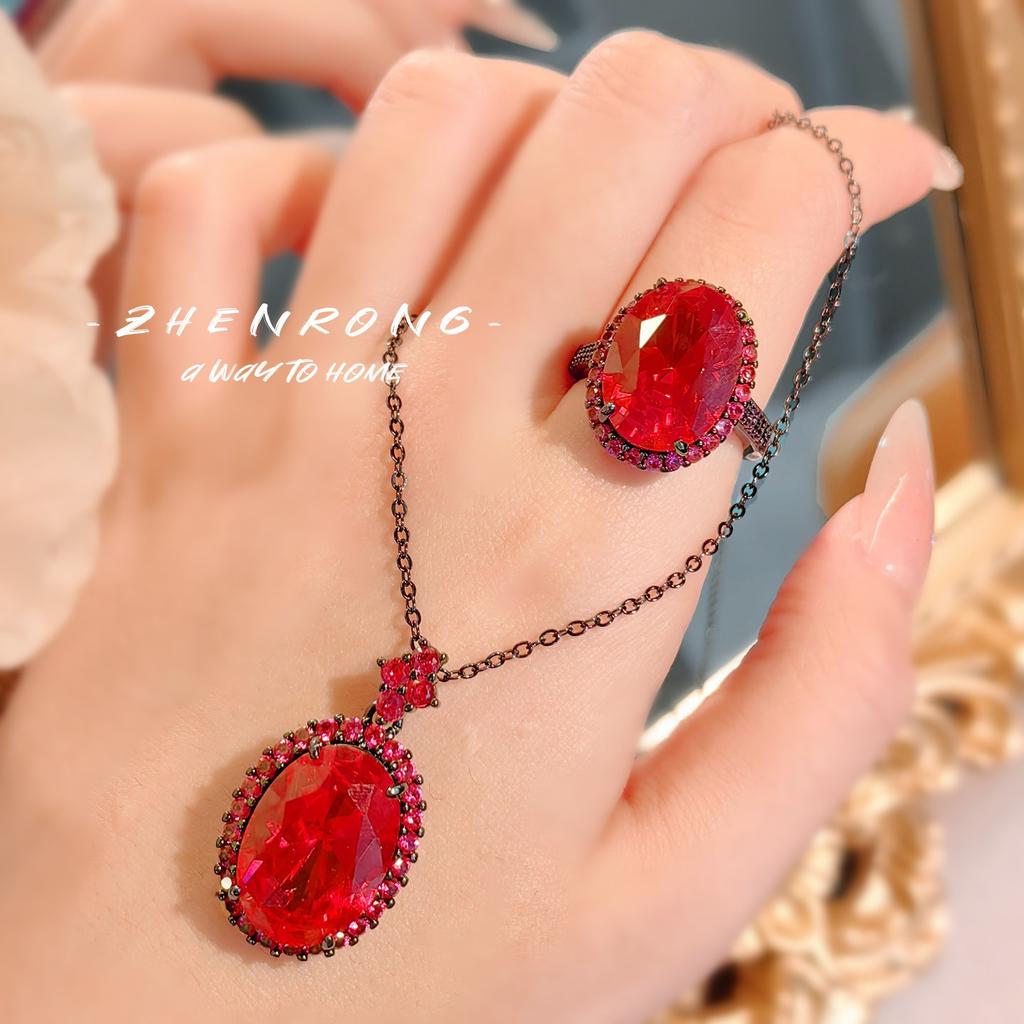 New Diablo Series Pigeon Blood Red Corundum Zircon Sets Personality Black Gold Color Rings Pendant Necklaces Earrings For Women