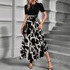 Women's Puff Short Sleeve Leaf Print Round Neck Midi Dress High Waist A Line Vacation Sundress