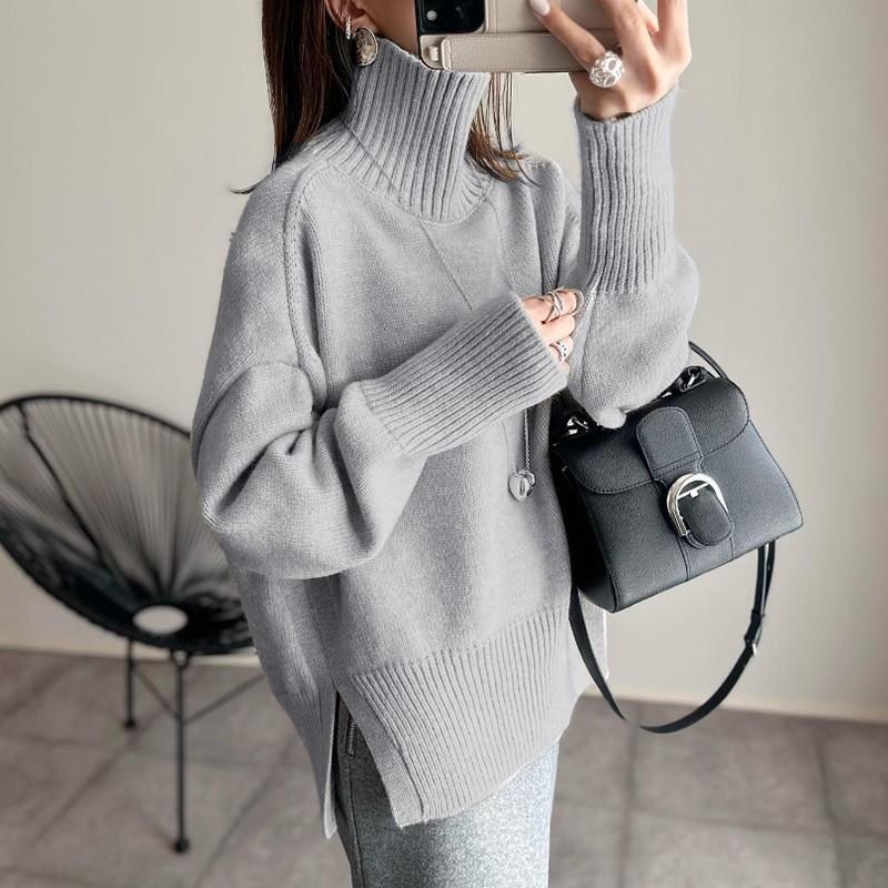 2024 Autumn/Winter Women's Simple High-Neck Slit Sweater In Stock