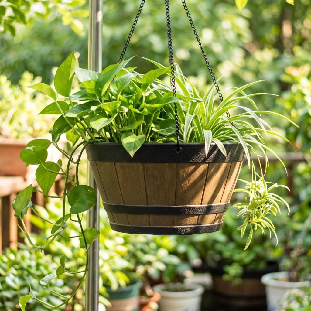 Hanging Planter with Wood Grain Farmhouse Barrel Resin for Patio, Garden