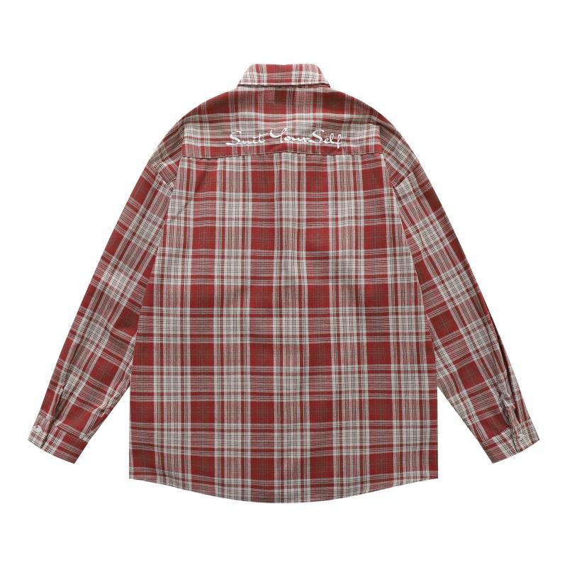 Mens Long Sleeve Plaid Shirt Japanese Vintage Embroidery Loose Casual Couple Blouse