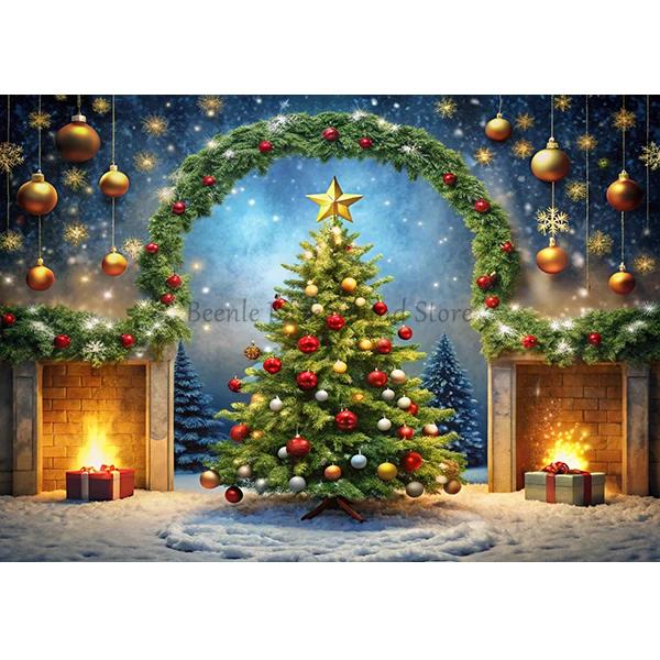 Beenle Christmas Photography Backdrop Xmas Tree Fireplace Gifts Family Party Decor Kids Portrait Background Decor Photo Studio