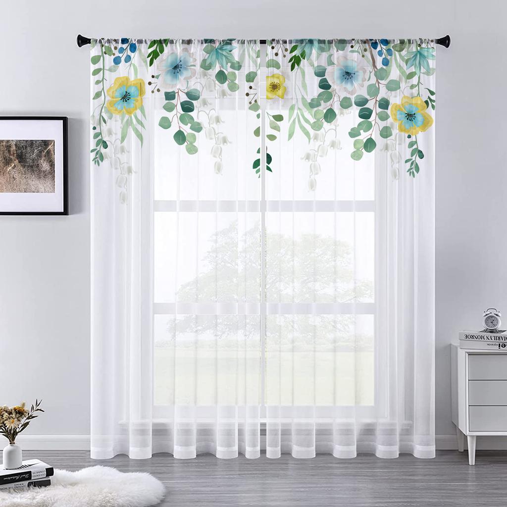 Watercolor Floral Sheer Voile Curtain For Living Room Dining Room Bedroom Drape Kitchen Window Transparent Chiffon Tulle Curtain
