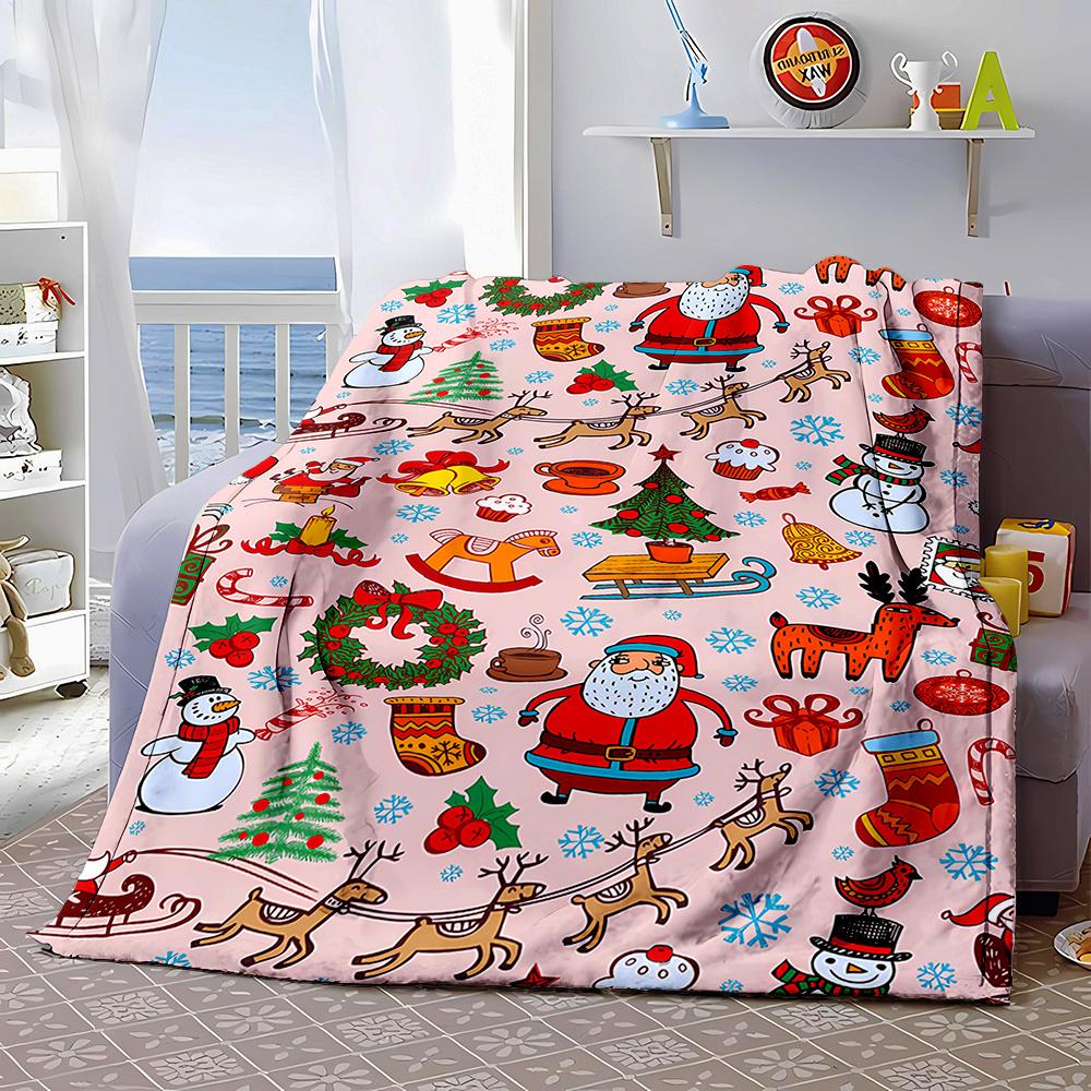 Christmas Santa Claus, Snowman, Wreath, Reindeer, and Stockings Pattern Reversible Flannel Throw Blanket - Digital Print, Soft