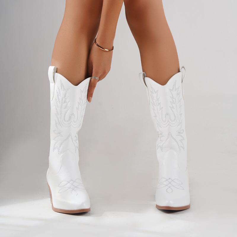 White Large Size Mid-Calf Boots Pointed Toe Square Heel Women Shoes Embroidery Cowgirl Knight Boots Vintage Black High Heels