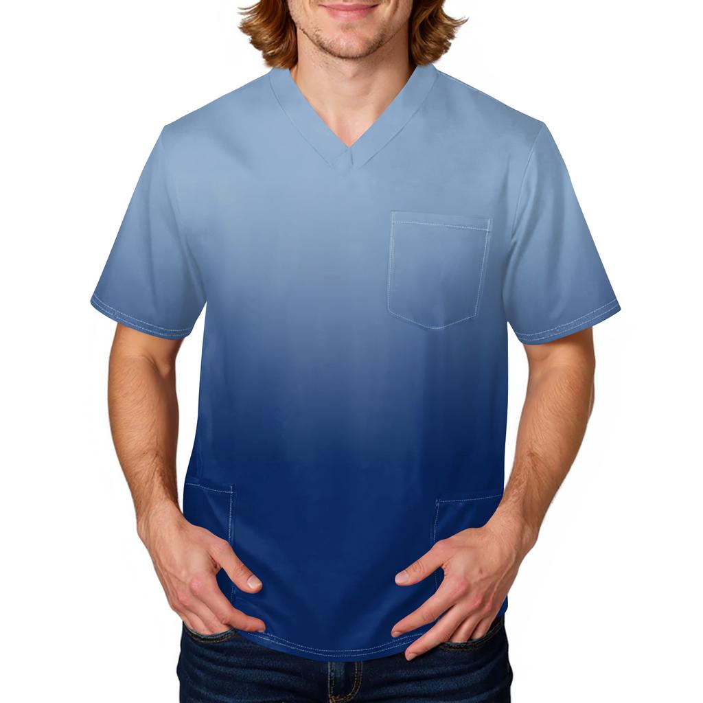 Men's Printing Short Sleeve V-neck Working Blouse Chest Pocket Carer Top