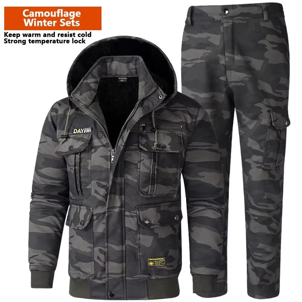 

Чоловічі комплекти Зимові куртки та штани Згущена пухова підкладка Тепла куртка-пуховик Відпочинкові штани Вітрозахисні гірські лижі 2 шт. Asian XXXXL камуфляжний