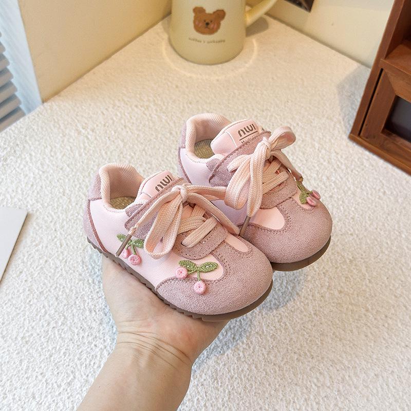 Girls' Spring/Autumn 2025 Cherry Embroidered Sneakers - Soft, Non-slip Casual Shoes