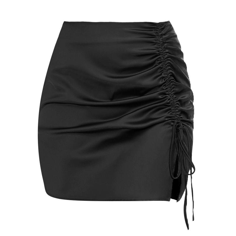 Einfarbiger gerüschter Hüftrock High Waist Satinkleid