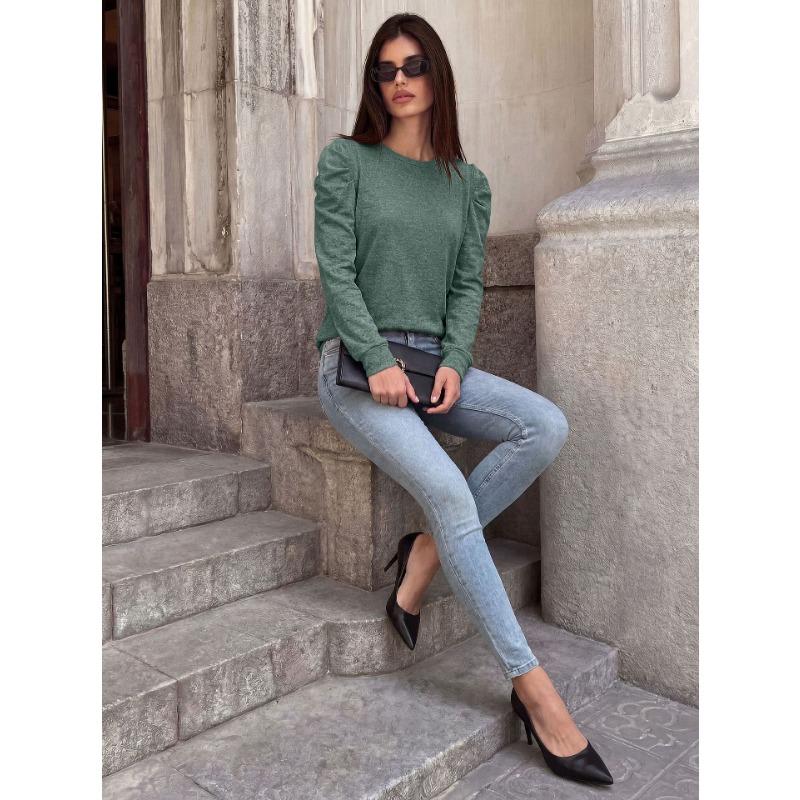 Women Loose Round Neck Pleated Puff Long Sleeve Solid Color T Shirt Top