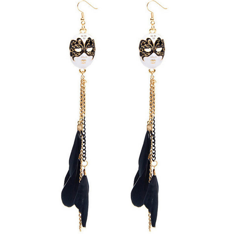 Vintage Baroque Chain Feather Tassel Chain Mask Long Drop Earrings For Women