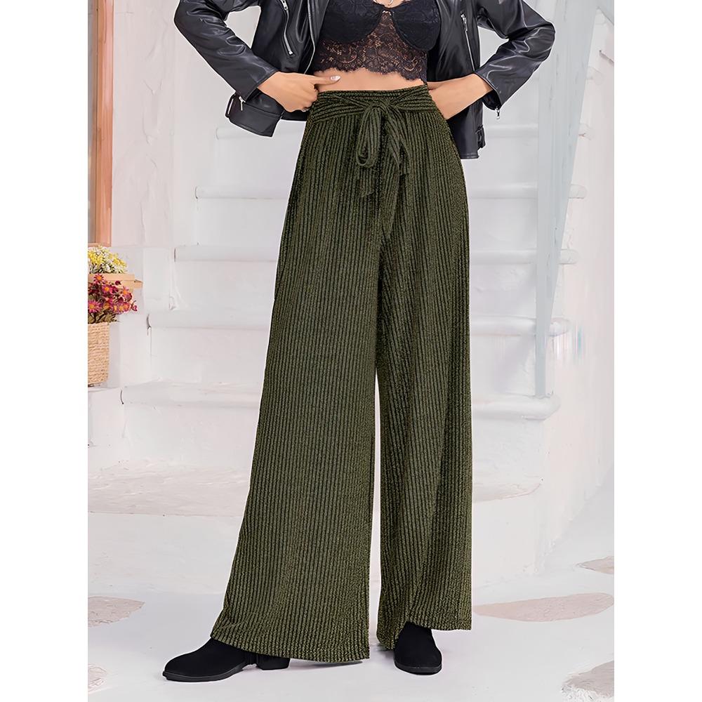 women s Ribbed High Waist Wide Leg Pants Casual Loose Fit Tie Waist Trousers S армия зеленый