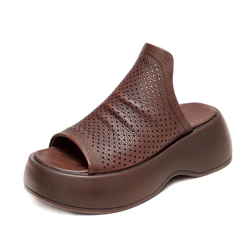 Fashion 2024 Summer New Round Head Breathable Leather Top Wearing Fish Mouth Slippers for Women Comfort Slope Heels for Women's