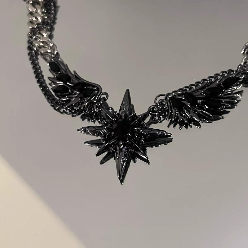 Dark Star Wing Necklace With Embedded Crystals For Streetwear Men Women