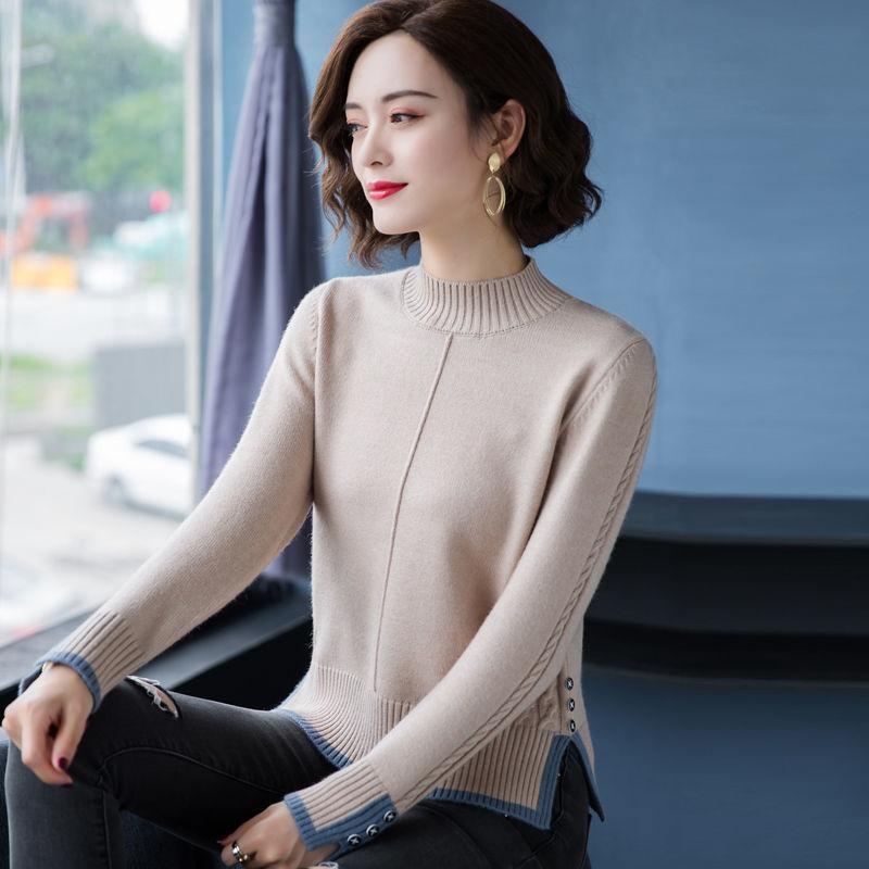 Autumn and Winter Women's Sweater Mid Neck Women's Cinched Waist Knitted Sweater