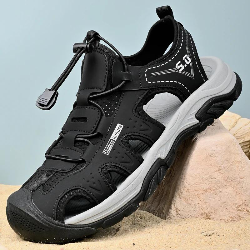 Fashion Leather Men's Summer Shoes Comfy Breathable Mens Sandals Non-Slip Male Anti-collision Toe Beach Flats Outdoor Shoes Hollow Out