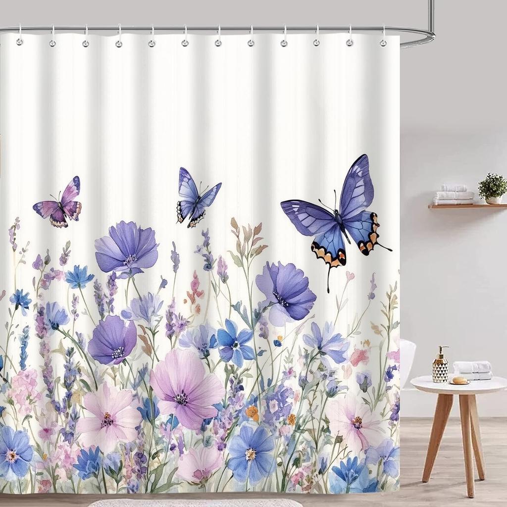 Pink Gray Flowers Shower Curtain, Daisy Floral Simple and Fresh Elegance Plants Cloth Rustic Farmhouse Bathroom Decor Sets,