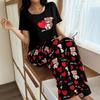 Europe, America and Xiyin Summer New Women's Pajamas Cow Silk Printed T-shirt Trousers Set