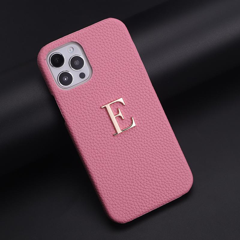 Custom Name Letter Gold Metal Genuine Leather Phone Cas for16 11 12 13 14 15Pro Max 16 15Plus XS XR Personalization Cover Luxury