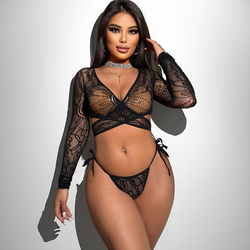 Sexy Fishnet Lingerie Dress Transparent Bodysuit Roleplay Costume Lace Underwear Maid Bodystockings with Handcuffs