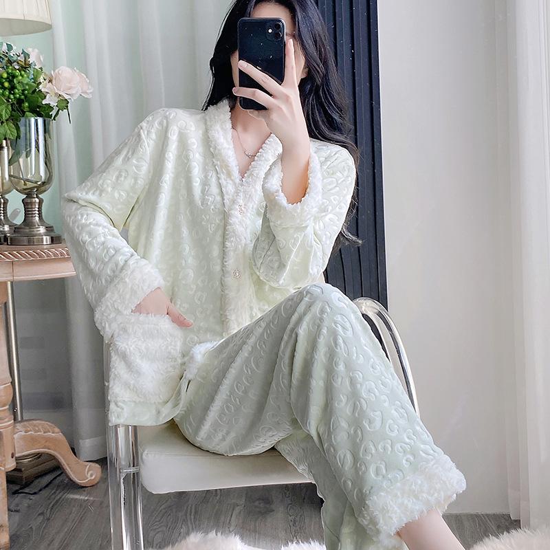 Women's Sea Island Cotton Fleece-Lined Pajamas - 2025 New Autumn/Winter Cozy Homewear Set